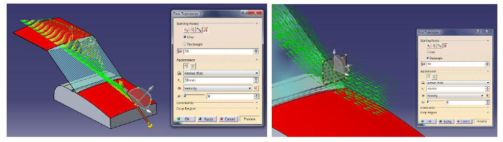 Simcenter FLOEFD 流跡線: 開始点を線または矩形から指定